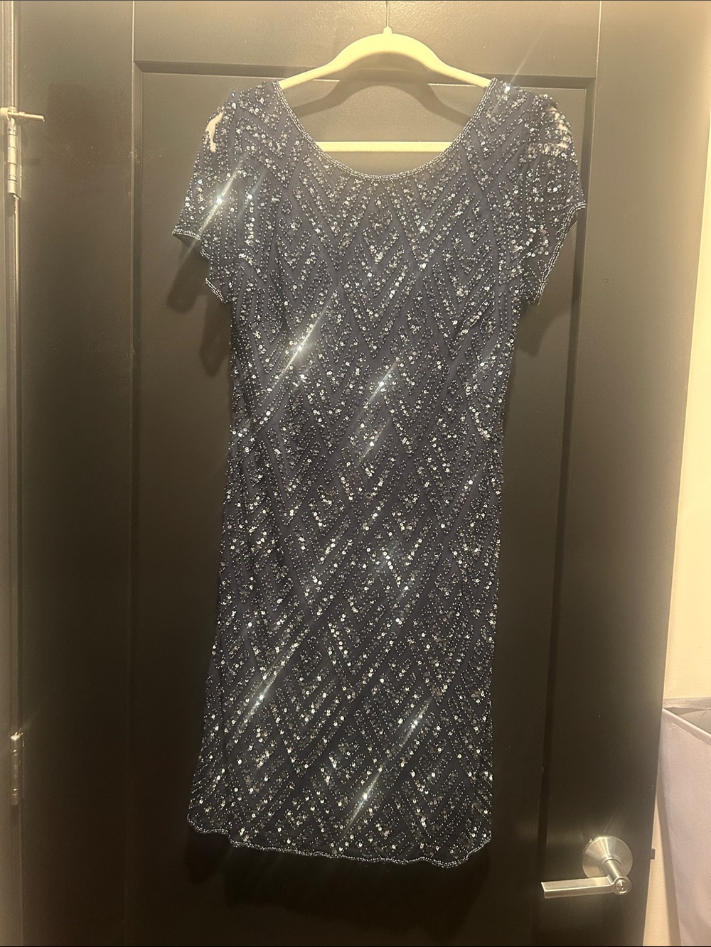 Navy Sequin Midi Dress with Short Sleeves